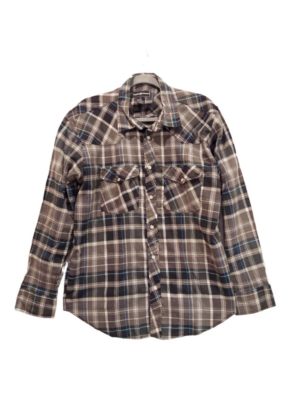 Casual Country Mens XL Gray Black Plaid Pearl Snap Cowboy Cut Long Sleeve Cotton